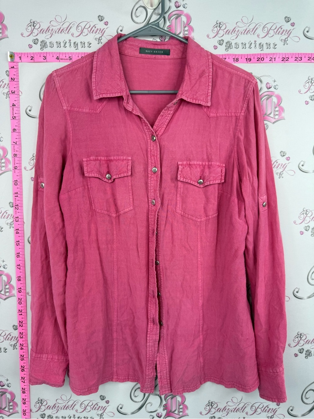 Suzy Shier long sleeve pockets silver Pink Button-Front Shirt
